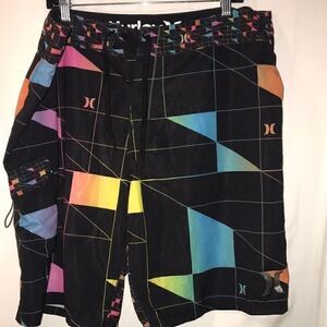 Hurley Phantom Mens Board Shorts Black Neon Rainbow Geometric Grid Cargo Pocket